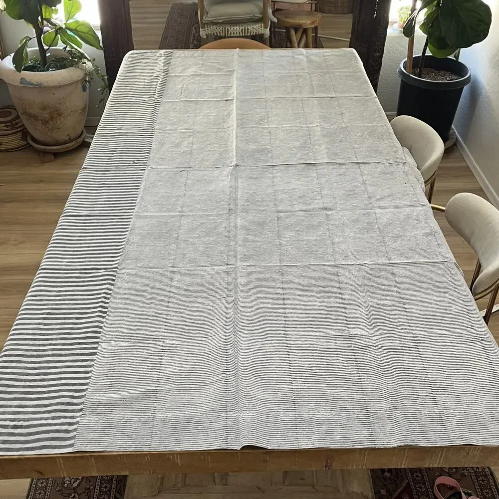 4 CB2 Block Printed Stripe Panel Gray Linen Blend Curtains 48